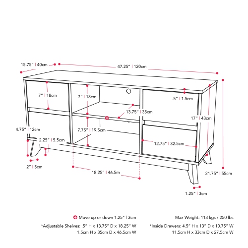 CorLiving THW-540-B Hollywood Dark Grey Wood Grain TV Stand with Drawers for TVs up to 55"