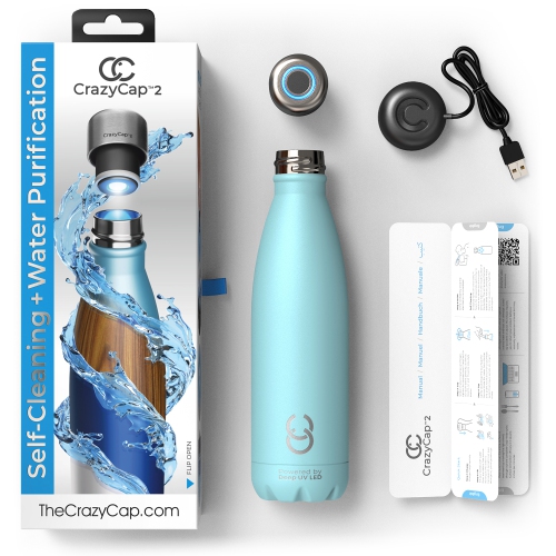 CrazyCap 2.0 UV Water Purifier & Self-Cleaning Stainless Steel Insulated Water Bottle - Cyan 500ml