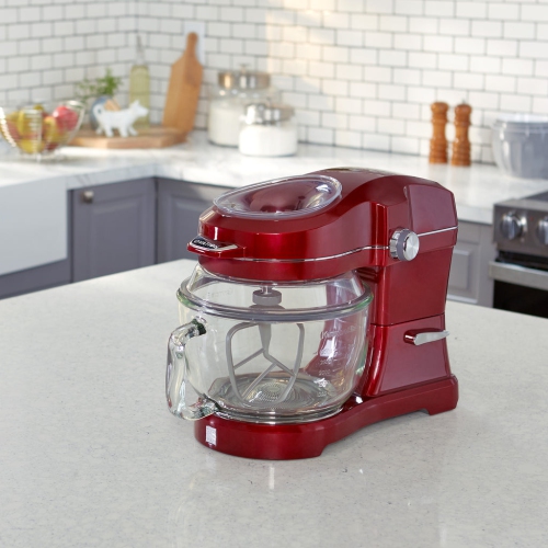 Kenmore Elite Ovation 5 Qt Stand Mixer, 500W Motor, Revolutionary Pour-In Top, Tilt Head, Flat Beater, Whisk, Dough Hook, Glass Bowl with Lid, Red