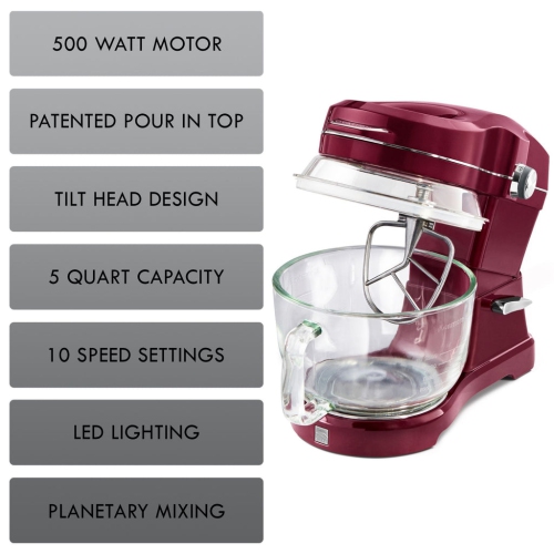 Kenmore Elite Ovation 5 Qt Stand Mixer, 500W Motor, Revolutionary Pour-In Top, Tilt Head, Flat Beater, Whisk, Dough Hook, Glass Bowl with Lid, Red