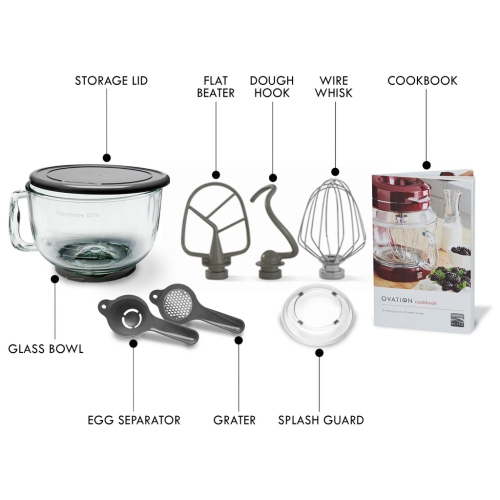 Kenmore Elite Ovation 5 Qt Stand Mixer, 500W Motor, Revolutionary Pour-In Top, Tilt Head, Flat Beater, Whisk, Dough Hook, Glass Bowl with Lid, Red
