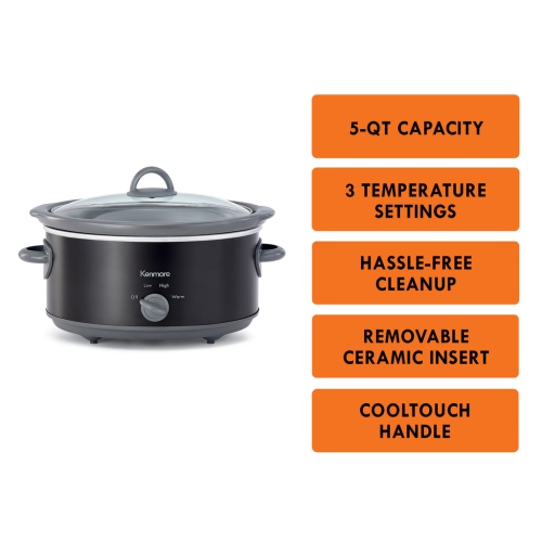 Kenmore 5 qt Slow Cooker, Black and Gray, Compact Countertop Cooking, Simple Dial Control