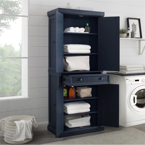 Crosley Seaside Wooden Coastal Pantry in Distressed Navy