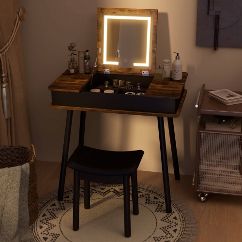 Costway Vanity Table Set w/ Flip Top Mirror Lights USB Port Cushioned Stool Writing Desk