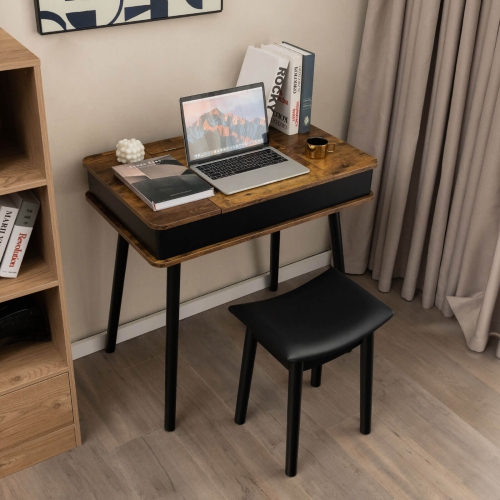 Costway Vanity Table Set w/ Flip Top Mirror Lights USB Port Cushioned Stool Writing Desk