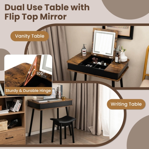Costway Vanity Table Set w/ Flip Top Mirror Lights USB Port Cushioned Stool Writing Desk