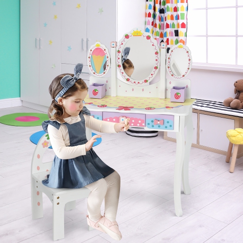 Costway Kids Vanity Princess Makeup Dressing Table Chair Set w/ Tri-fold Mirror White