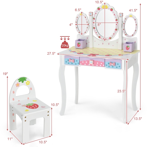 Costway Kids Vanity Princess Makeup Dressing Table Chair Set w/ Tri-fold Mirror White