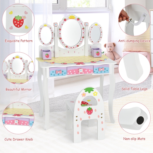 Costway Kids Vanity Princess Makeup Dressing Table Chair Set w/ Tri-fold Mirror White