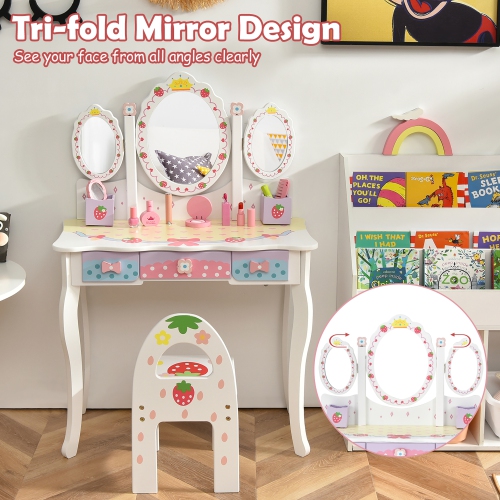 Costway Kids Vanity Princess Makeup Dressing Table Chair Set w/ Tri-fold Mirror White