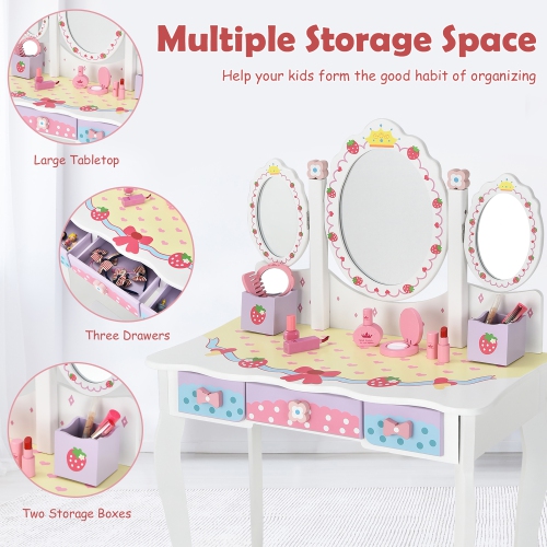 Costway Kids Vanity Princess Makeup Dressing Table Chair Set w/ Tri-fold Mirror White