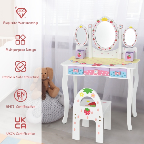 Costway Kids Vanity Princess Makeup Dressing Table Chair Set w/ Tri-fold Mirror White