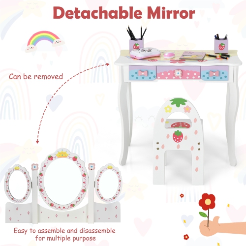 Costway Kids Vanity Princess Makeup Dressing Table Chair Set w/ Tri-fold Mirror White