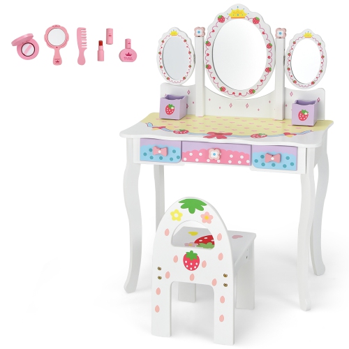 Costway Kids Vanity Princess Makeup Dressing Table Chair Set w/ Tri-fold Mirror White