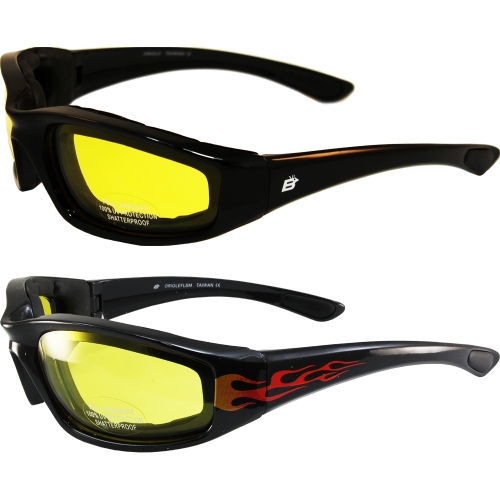 2 Pairs Birdz Eyewear Oriole Padded Motorcycle Glasses One Black One Flame Frame Yellow Lens