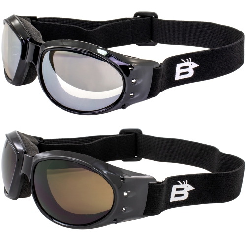 2 paires de lunettes pour moto rembourrées Birdz avec monture noire et miroir transparent et verres ambre