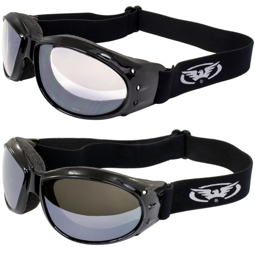 2 paires de lunettes de moto rembourrées Vision Eliminator de Global ANSI Z87.1 cadres noirs antibuée verres transparents et à miroir Flash