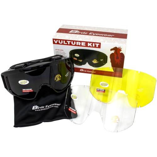 Ensemble de lunettes pour moto de Birdz Vulture OTG avec monture noire; verres transparents et gris fumée jaune