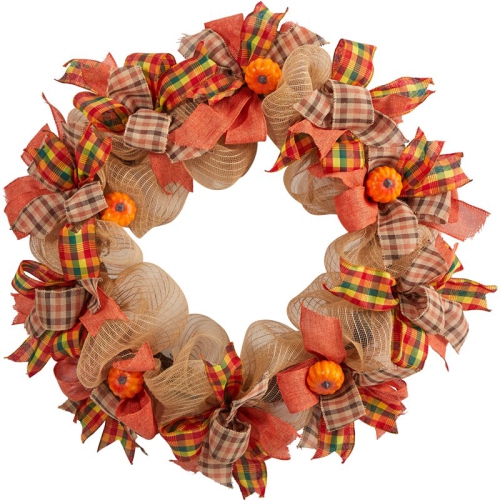 NEARLY NATURAL  30" Autumn Pumpkin With Decorative Bows Artificial Fall Wreath In In Orange