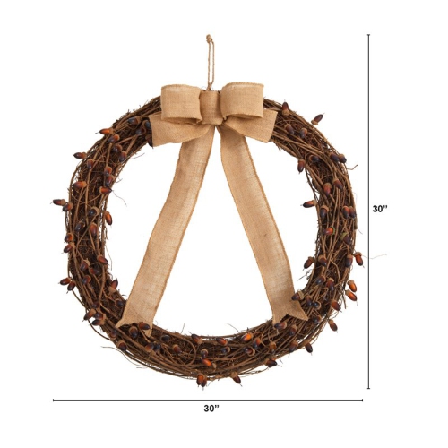 Nearly Natural 30" Fall Acorn and Decorative Bow Autumn Wreath in Brown