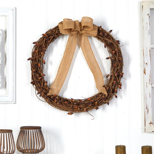 Nearly Natural 30" Fall Acorn and Decorative Bow Autumn Wreath in Brown