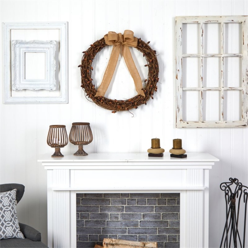 Nearly Natural 30" Fall Acorn and Decorative Bow Autumn Wreath in Brown