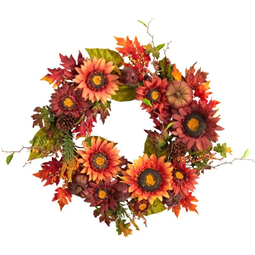 NEARLY NATURAL  24" Autumn Sunflower/pumpkin/pinecone And Berries Fall Artificial Wreath In Orange