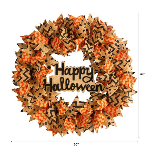 Nearly Natural 30" Spooky Halloween Burlap Ribbon Wreath in Orange