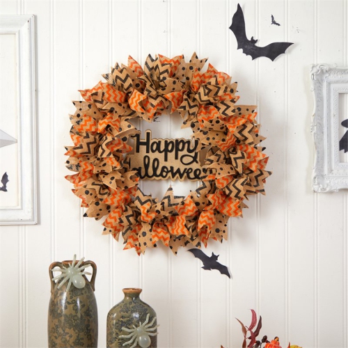 Nearly Natural 30" Spooky Halloween Burlap Ribbon Wreath in Orange