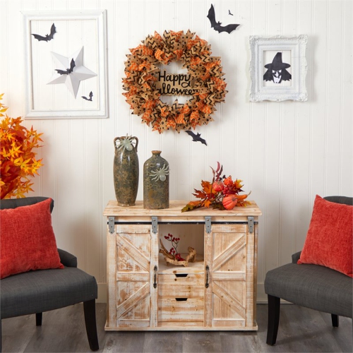 Nearly Natural 30" Spooky Halloween Burlap Ribbon Wreath in Orange