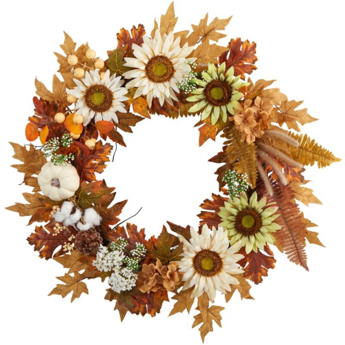 NEARLY NATURAL  30" Autumn Sunflower/white Pumpkin And Berries Artificial Fall Wreath In In Orange