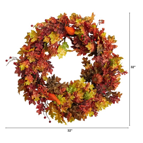 32" Autumn Oak Leaf/Berries and Pumpkin Artificial Autumn Wreath in Orange