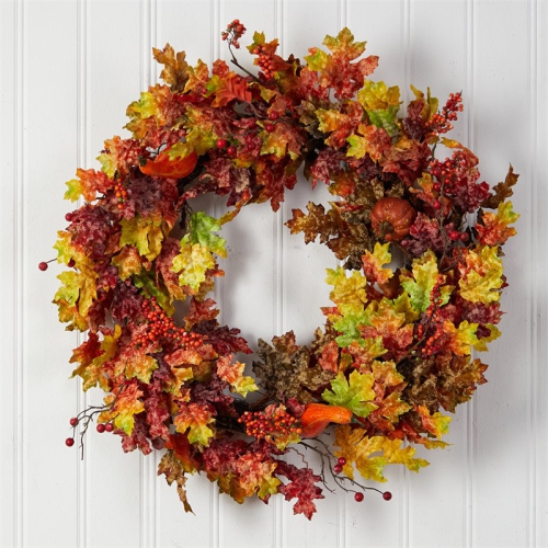 32" Autumn Oak Leaf/Berries and Pumpkin Artificial Autumn Wreath in Orange