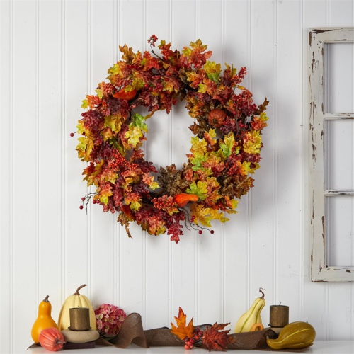 32" Autumn Oak Leaf/Berries and Pumpkin Artificial Autumn Wreath in Orange
