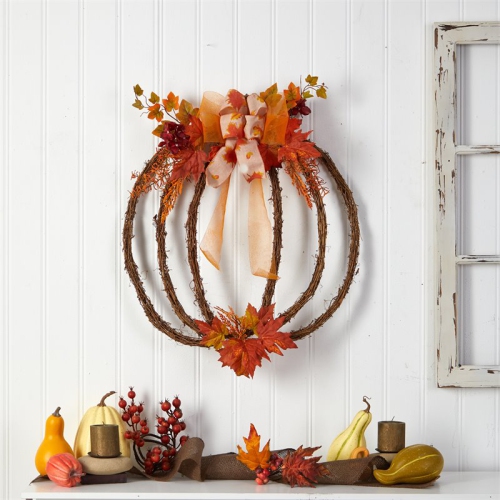 Nearly Natural 26" Autumn Pumpkin Artificial Vine Fall Wreath in Orange