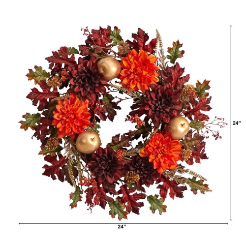 24" Fall Dahlia/Golden Apple/Oak Leaf/Berries Autumn Artificial Wreath in Orange