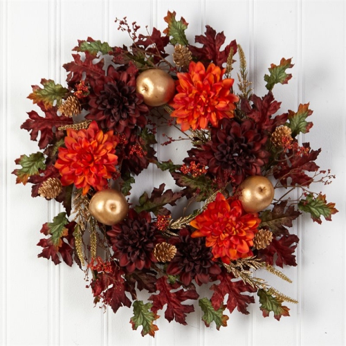 24" Fall Dahlia/Golden Apple/Oak Leaf/Berries Autumn Artificial Wreath in Orange