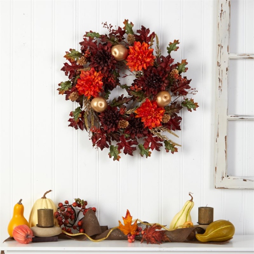 24" Fall Dahlia/Golden Apple/Oak Leaf/Berries Autumn Artificial Wreath in Orange