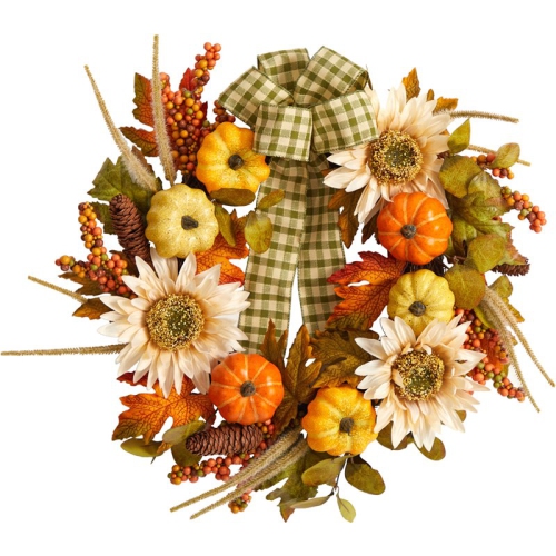 NEARLY NATURAL  24" Fall Pumpkin/sunflower Artificial Autumn Wreath & Decorative Ribbon - In Orange