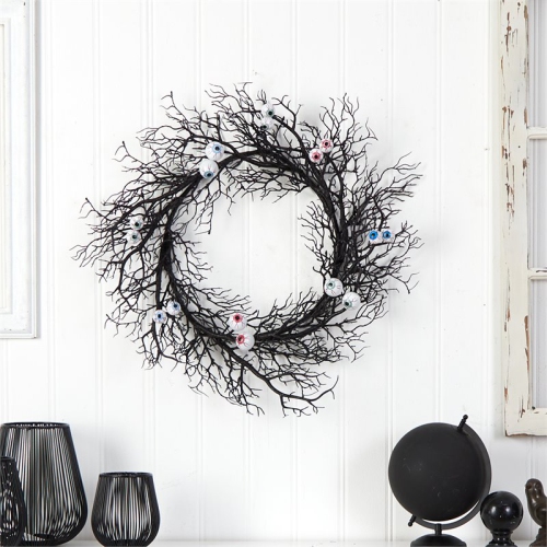 Nearly Natural 30" Halloween Gazing Eyeballs Twig Wreath in Black