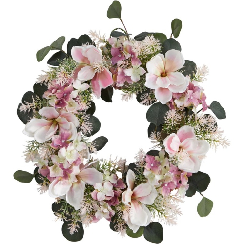 Nearly Natural 20" Hydrangea and Magnolia Artificial Wreath in Pink