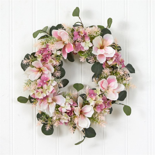 Nearly Natural 20" Hydrangea and Magnolia Artificial Wreath in Pink