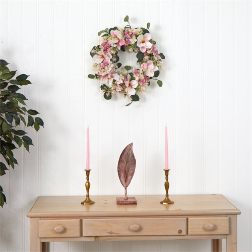Nearly Natural 20" Hydrangea and Magnolia Artificial Wreath in Pink