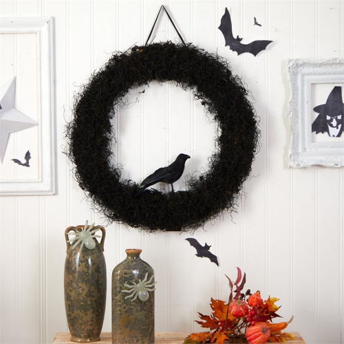 Nearly Natural 30" Spooky Halloween Raven Twig Wreath in Black