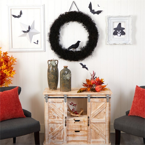 Nearly Natural 30" Spooky Halloween Raven Twig Wreath in Black