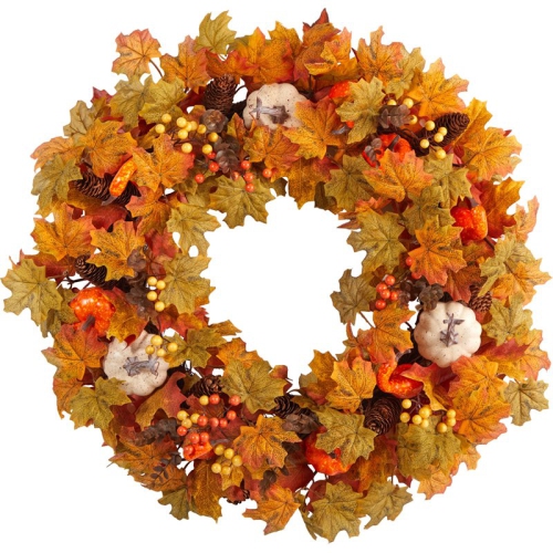 NEARLY NATURAL  30" Autumn Pumpk- And Maple Leaf Artificial Fall Wreath - In Orange