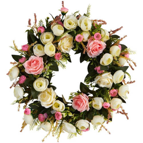 Nearly Natural 20" Silk Roses Artificial Wreath in White & Pink