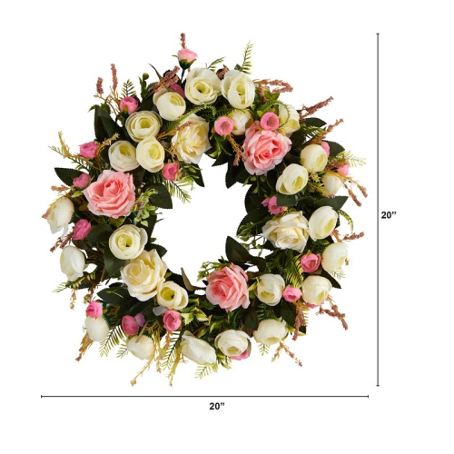 Nearly Natural 20" Silk Roses Artificial Wreath in White & Pink