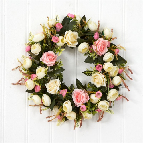 Nearly Natural 20" Silk Roses Artificial Wreath in White & Pink