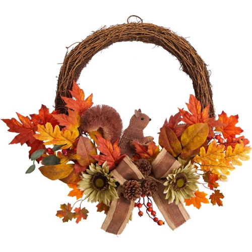 NEARLY NATURAL  26" Fall Harvest Artificial Autumn Wreath With Twig Base And Bunny In In Orange